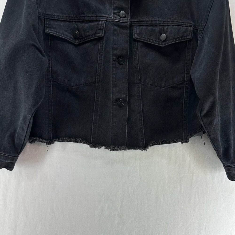 Elia Cher Cropped Denim Jacket Womens XL Pockets Frayed Hem Biker Grunge Black - Picture 5 of 13
